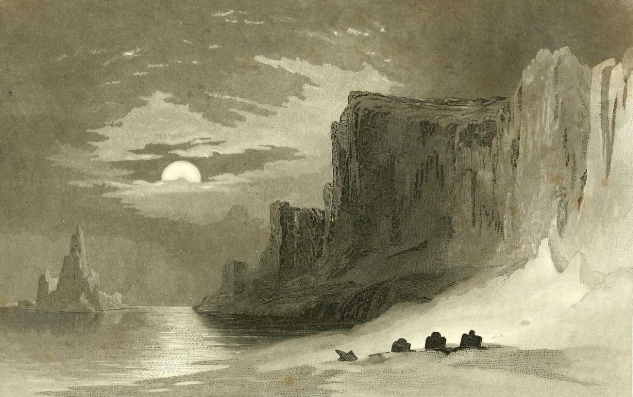 Historisk illustrasjon av gravene etter Franklin-ekspedisjonens første vinter på Beechey Island