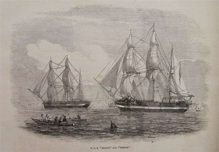 Samtidig avisillustrasjon av HMS Erebus og HMS Terror ved avreisen i 1845