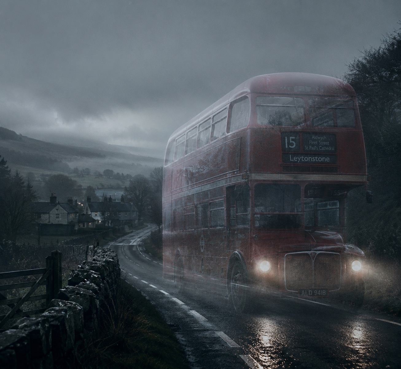 Konseptillustrasjon av spøkelsesbussen i London