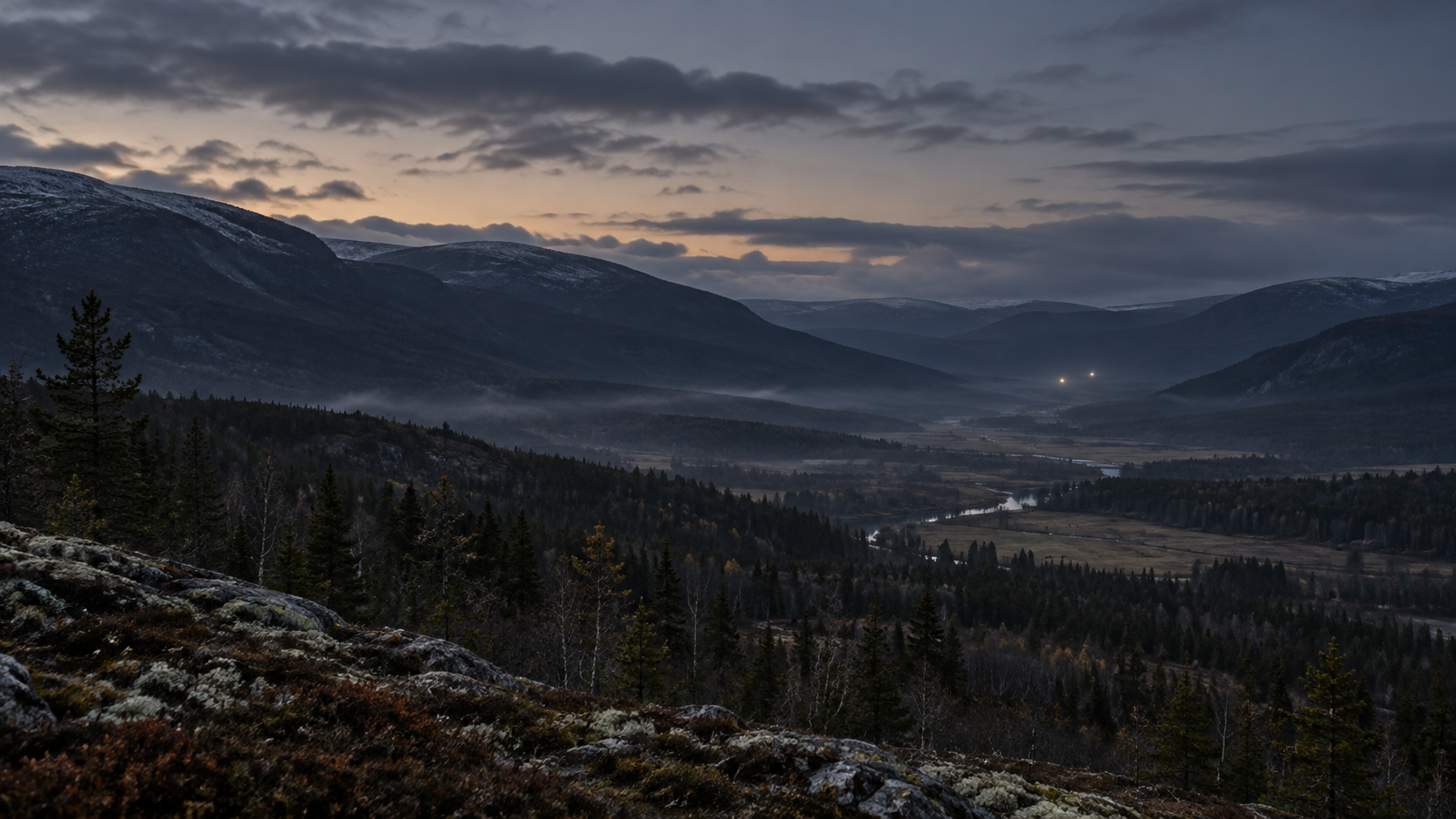 KI-generert illustrasjon av et mørkt norsk dallandskap med to små lys i det fjerne; ikke en dokumentert observasjon.