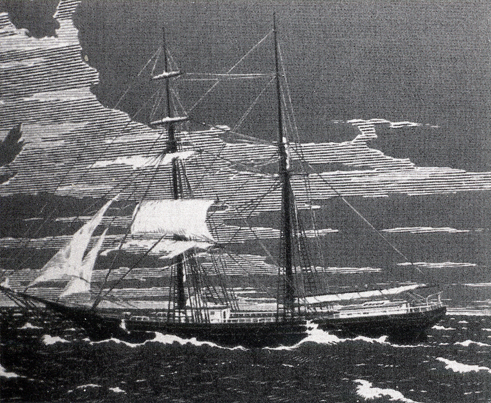 Historisk gravering av seilskipet Mary Celeste i grov sjø