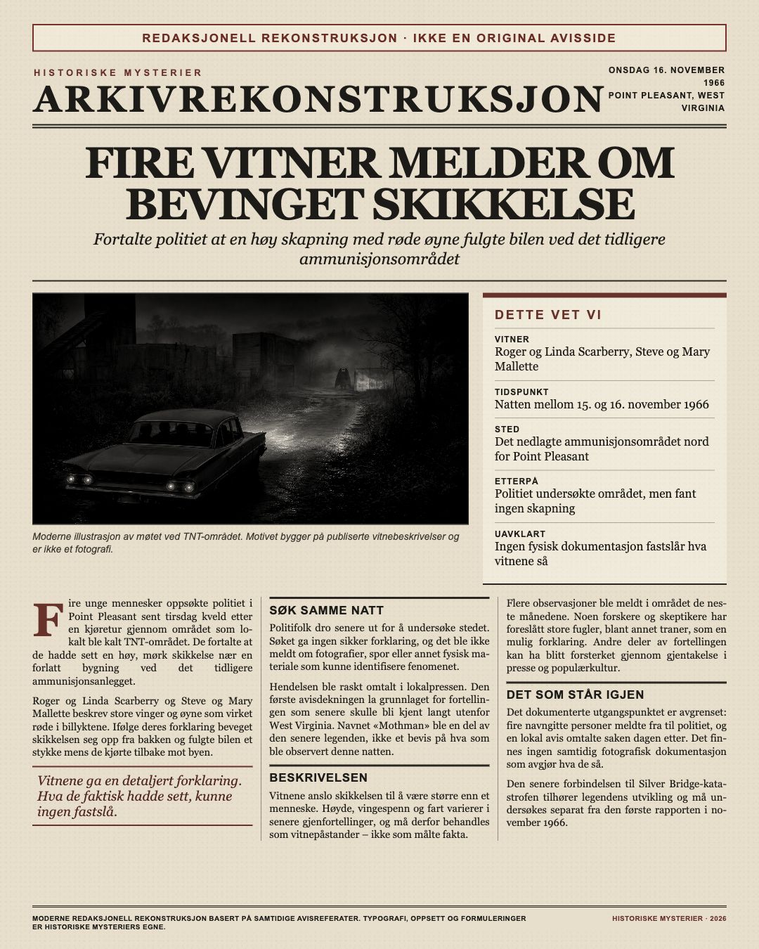 Moderne redaksjonell rekonstruksjon av et avisoppslag om Mothman